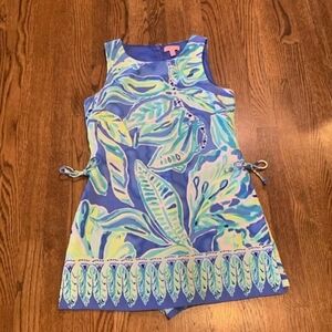 Blue and Green Leaf Print Sleeveless Dress